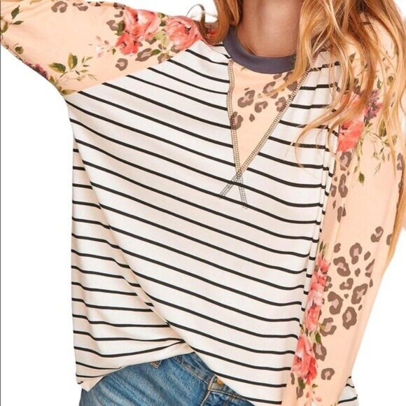 Striped Animal Floral Print Long Sleeve Shirt Women Small New Gray Peach - Picture 13 of 16
